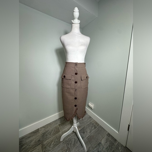 UTERGUE Houndstooth Midi Beown Skirt with front pockets Size XS - Picture 3 of 17